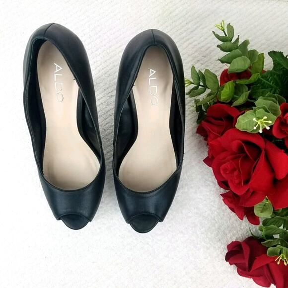 Aldo Platform Stiletto Pumps Size 8.5 Black Leather Rhinestones Peep Almond Toe - Picture 13 of 16